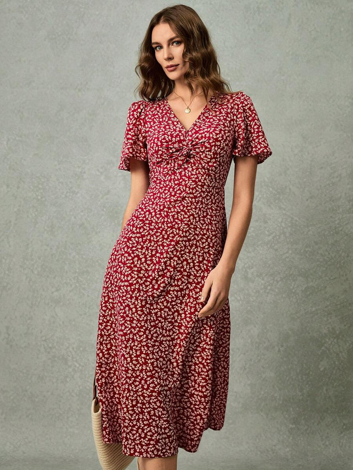 Poselle I V-Neck Ditsy Floral Print Short Sleeve Dress