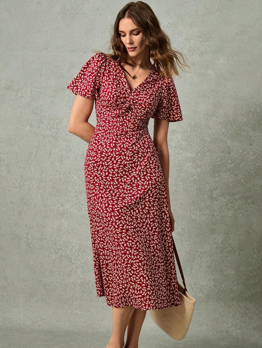 Poselle I V-Neck Ditsy Floral Print Short Sleeve Dress