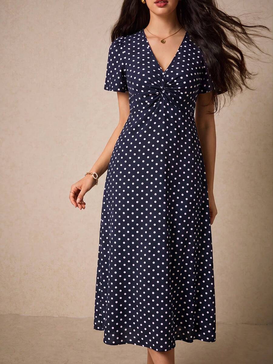 Poselle I V-Neck Ditsy Floral Print Short Sleeve Dress