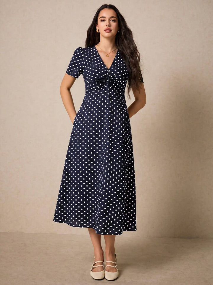 Poselle I V-Neck Ditsy Floral Print Short Sleeve Dress