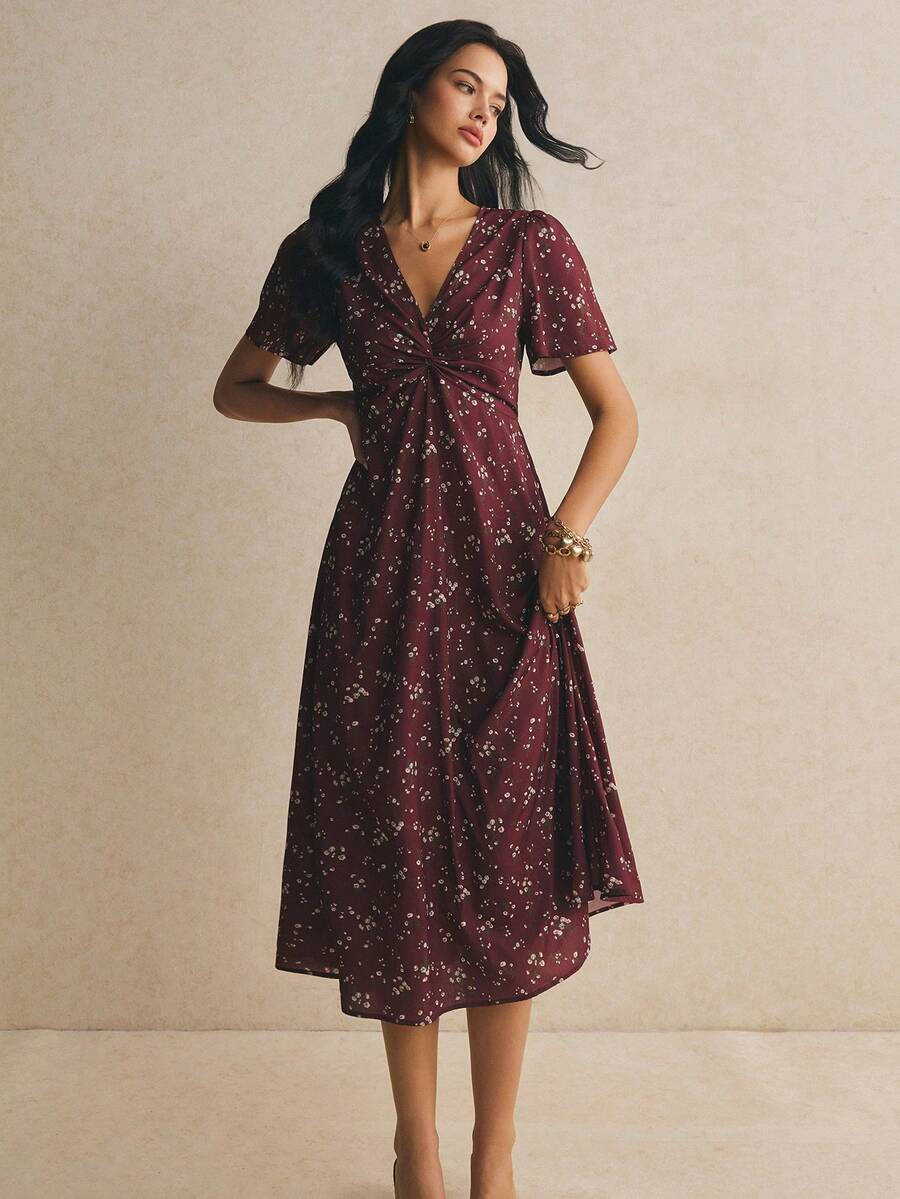 Poselle I V-Neck Ditsy Floral Print Short Sleeve Dress