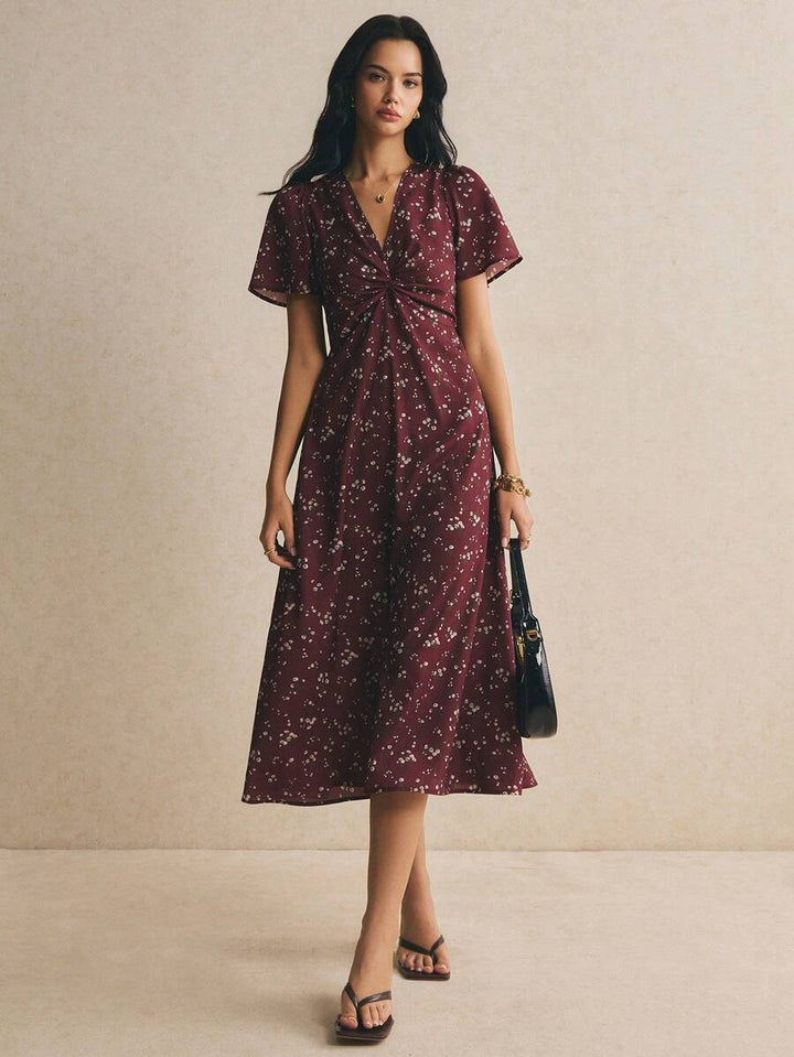 Poselle I V-Neck Ditsy Floral Print Short Sleeve Dress
